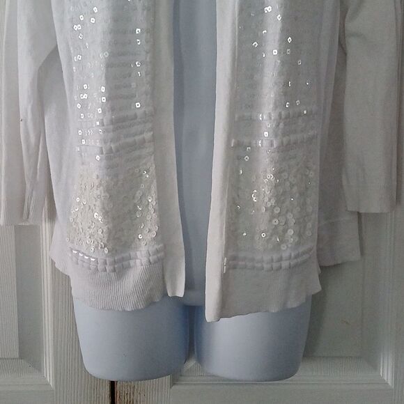 Chico's white sequin cardigan linen sweater casual spring summer  Sz 2  ( Sz 8 ) - Picture 2 of 6